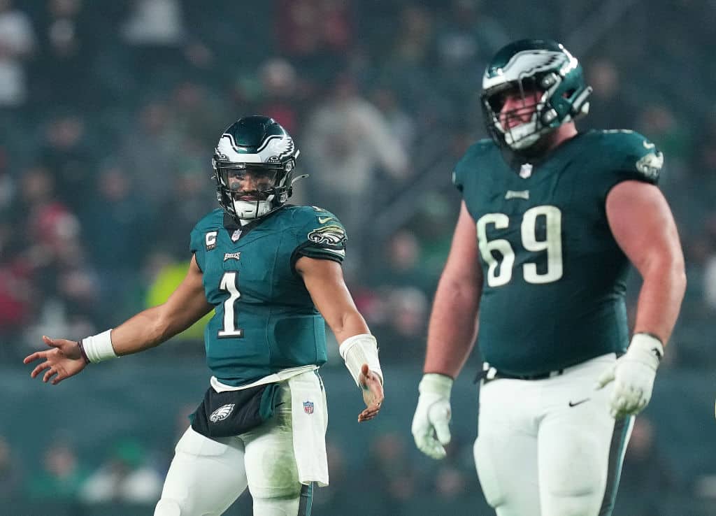 Jalen Hurts #1 of the Philadelphia Eagles reacts after an incomplete pass during the fourth quarter in the game against the San Francisco 49ers at Lincoln Financial Field on December 03, 2023 in Philadelphia, Pennsylvania.