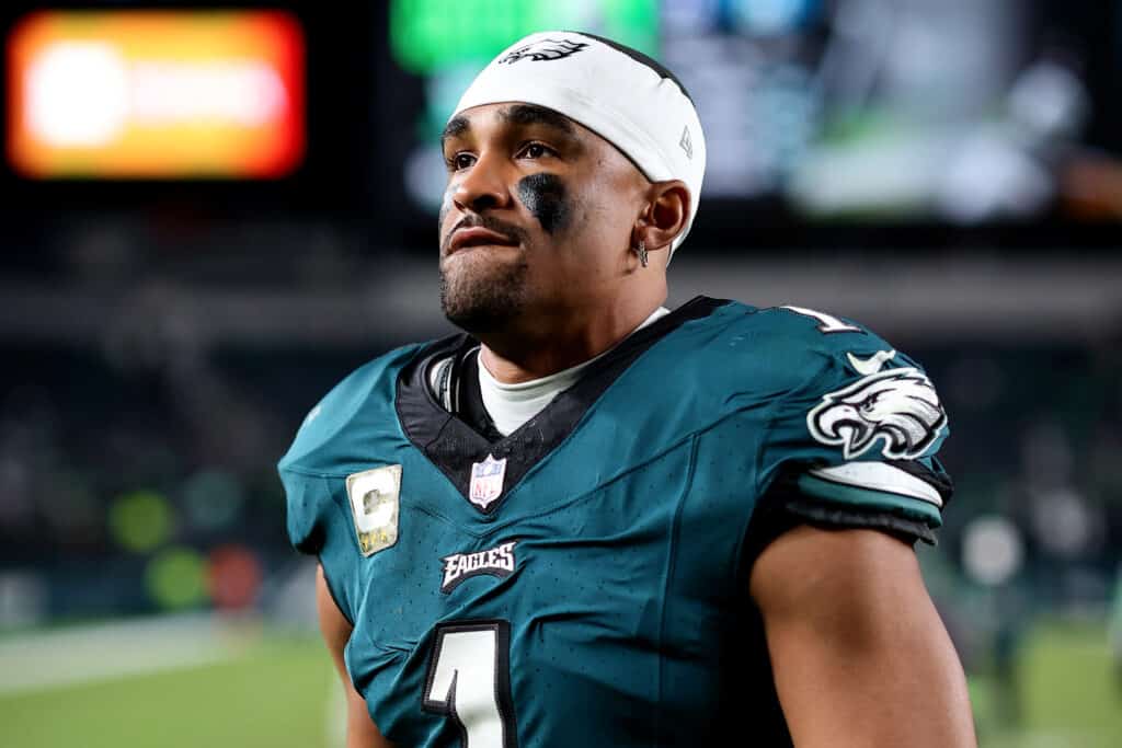 Jalen Hurts #1 of the Philadelphia Eagles walks off the field after a win over the Dallas Cowboys at Lincoln Financial Field on November 05, 2023 in Philadelphia, Pennsylvania.