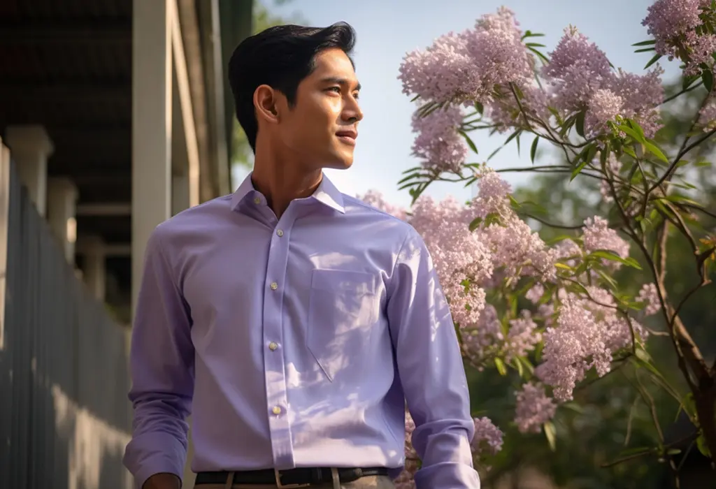 man wearing purple lavender color shirt