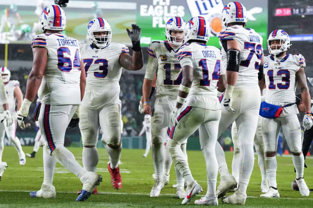 PHILADELPHIA, PENNSYLVANIA - NOVEMBER 26: Josh Allen #17 of the Buffalo Bills and Stefon Diggs #14 of the Buffalo Bills celebrate after Diggs' receiving touchdown during the second quarter against the Philadelphia Eagles at Lincoln Financial Field on November 26, 2023 in Philadelphia, Pennsylvania.