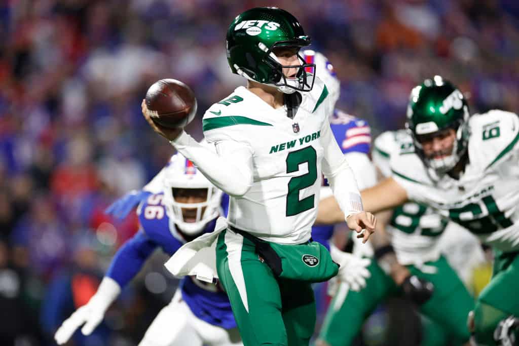 Zach Wilson #2 of the New York Jets throws a pass in the second quarter against the Buffalo Bills at Highmark Stadium on November 19, 2023 in Orchard Park, New York.