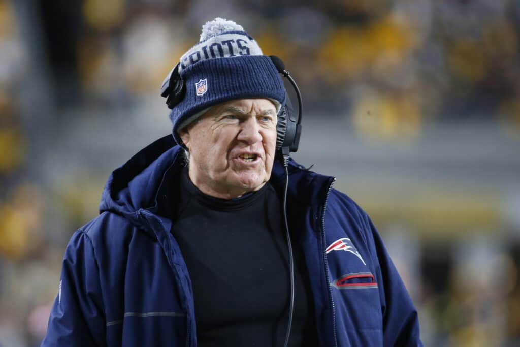 PITTSBURGH, PENNSYLVANIA - DECEMBER 07: New England Patriots head coach Bill Belichick reacts during the second half against the Pittsburgh Steelers at Acrisure Stadium on December 07, 2023 in Pittsburgh, Pennsylvania.
