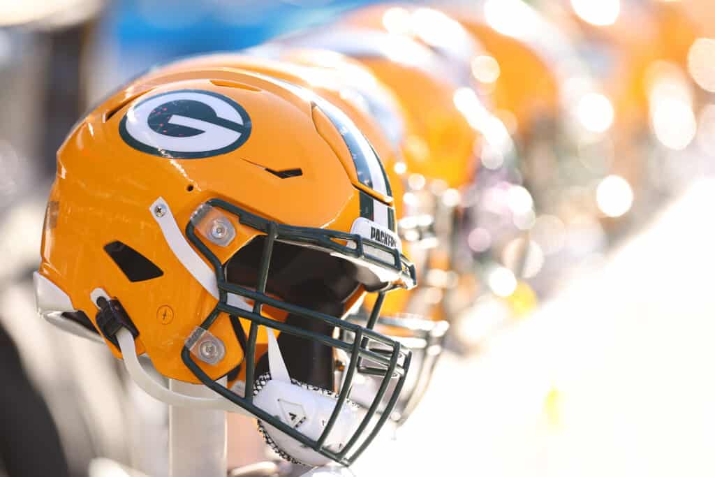A detail of a Green Bay Packers helmet during the first half against the Chicago Bears at Soldier Field on December 04, 2022 in Chicago, Illinois.