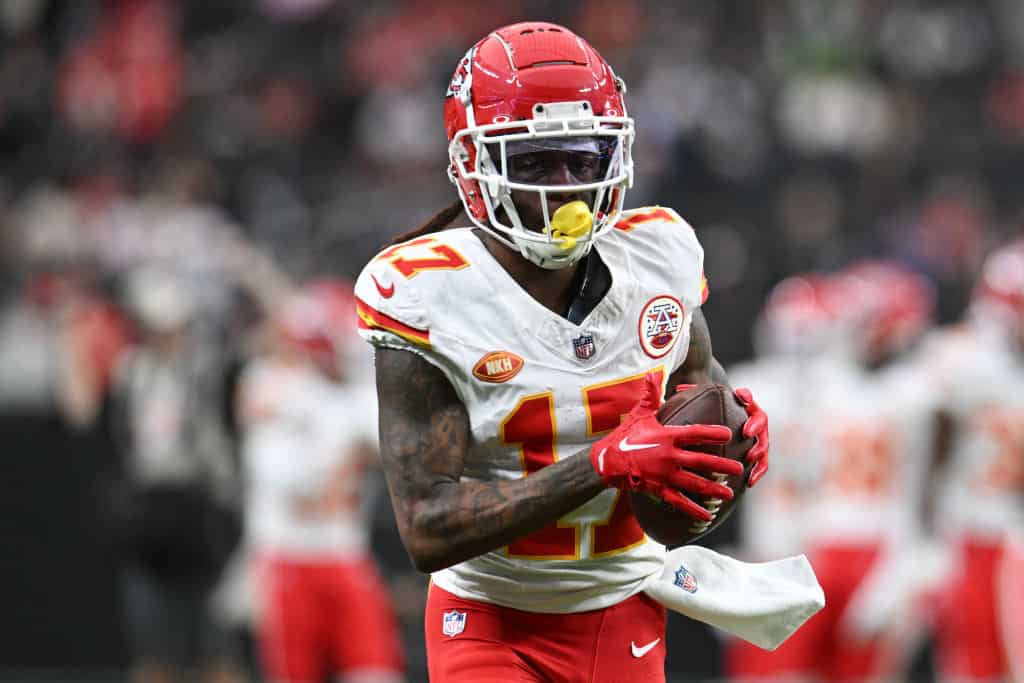 Wide receiver Richie James #17 of the Kansas City Chiefs makes a catch in warm up against the Las Vegas Raiders at Allegiant Stadium on November 26, 2023 in Las Vegas, Nevada. The Chiefs defeated the Raiders 31-17.