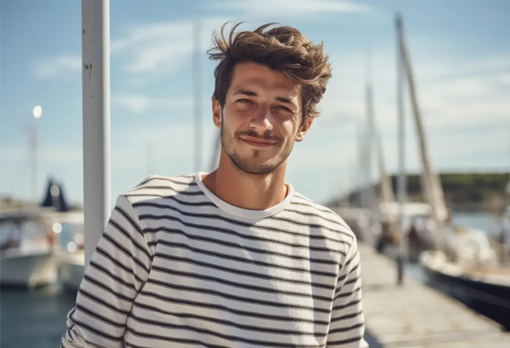 man in sweatshirt with horizontal stripes