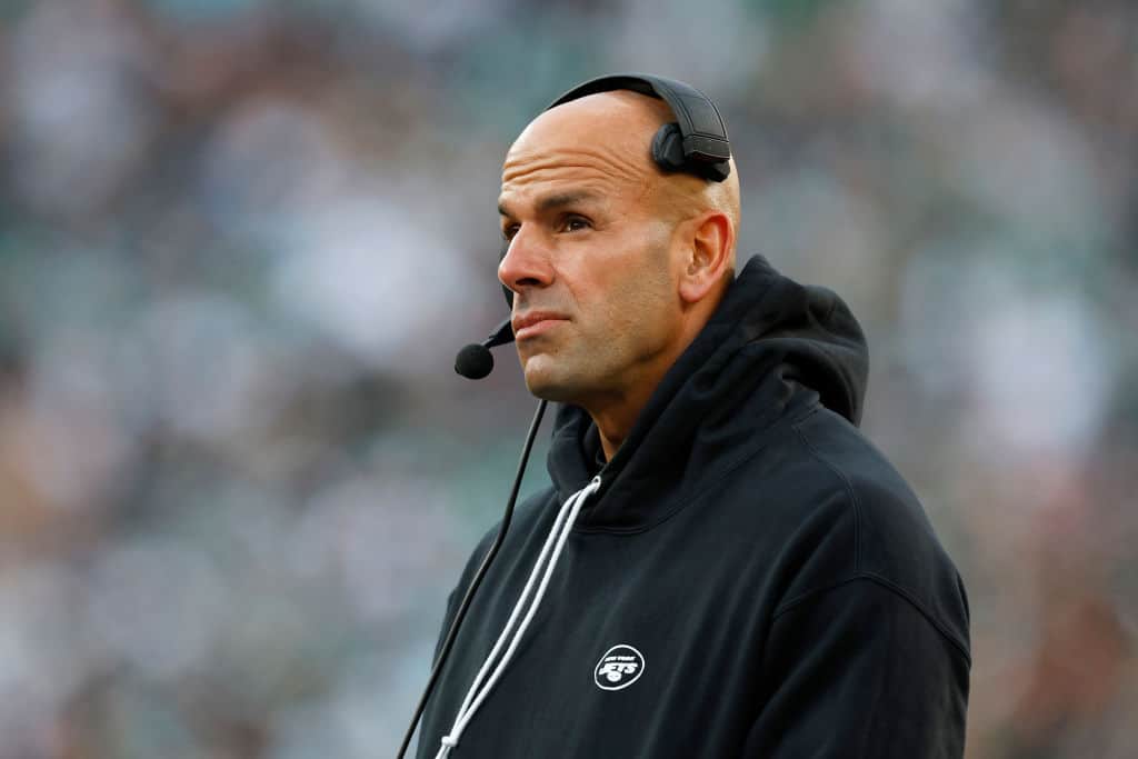 Head coach Robert Saleh of the New York Jets looks on against the Miami Dolphins during the first quarter in the game at MetLife Stadium on November 24, 2023 in East Rutherford, New Jersey.