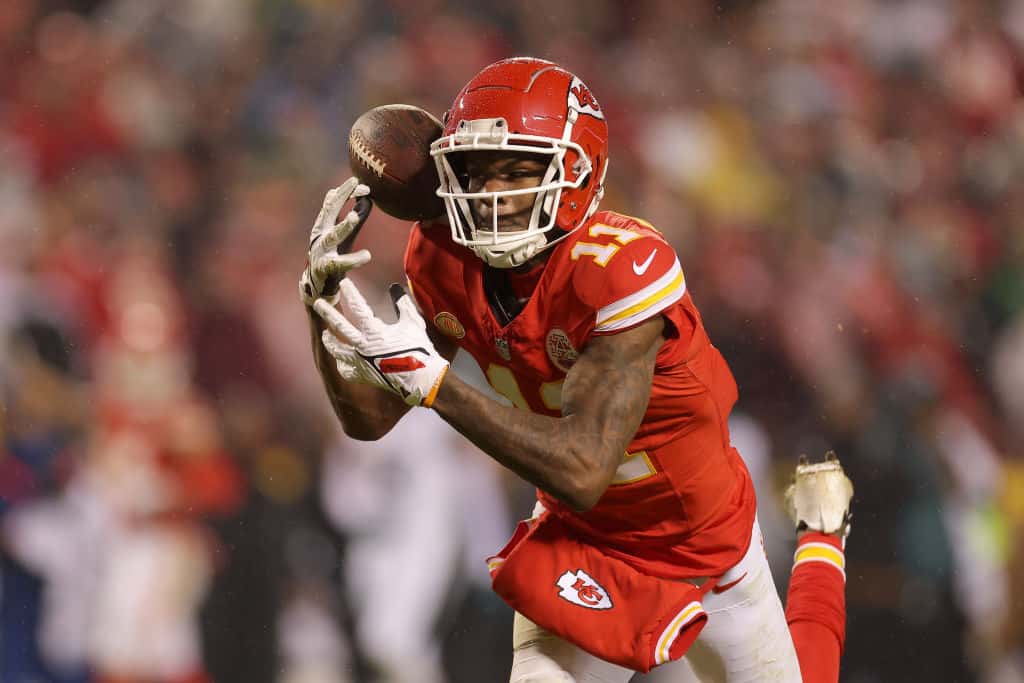 Marquez Valdes-Scantling #11 of the Kansas City Chiefs drops a pass late in the fourth quarter against the Philadelphia Eagles at GEHA Field at Arrowhead Stadium on November 20, 2023 in Kansas City, Missouri.