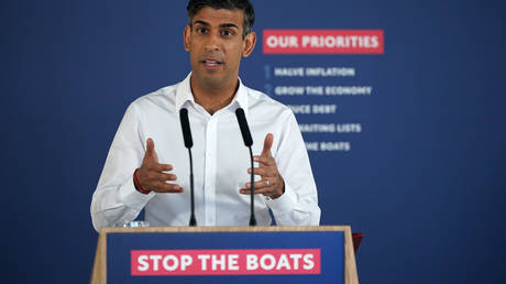 Rishi Sunak speaks during a press conference at Western Jet Foil in Dover, as he gives an update on the progress made in the six months since he introduced the Illegal Migration Bill under his plans to "stop the boats", on June 5, 2023 in Dover, England