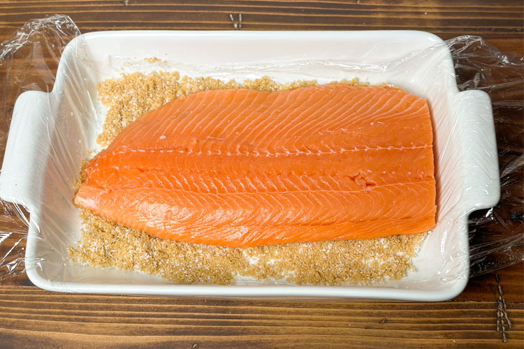 fresh salmon in white dish with cure around it