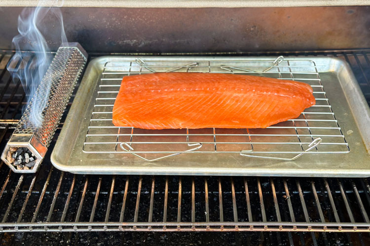 salmon filet in grill with smoke tube