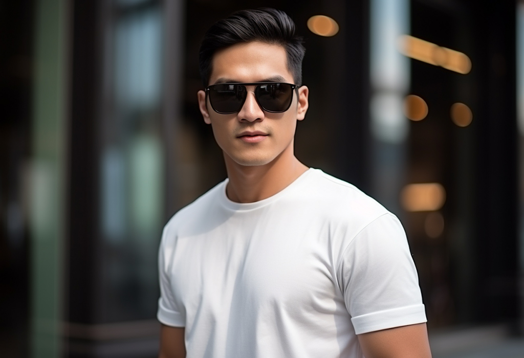 young guy in sunglasses and white t-shirt