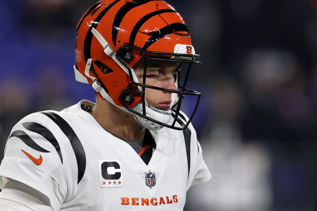 Quarterback Joe Burrow #9 of the Cincinnati Bengals takes the field before the start of the Bengals and Baltimore Ravens game at M&T Bank Stadium on November 16, 2023 in Baltimore, Maryland.