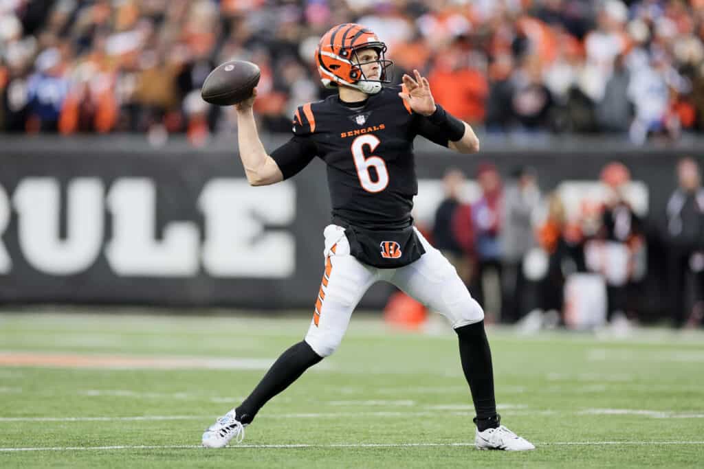 CINCINNATI, OHIO - DECEMBER 10: Jake Browning #6 of the Cincinnati Bengals throws during the first half of the game against the Indianapolis Colts at Paycor Stadium on December 10, 2023 in Cincinnati, Ohio. 
