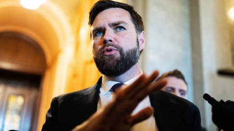 US Senator J.D. Vance speaks to reporters earlier this month in Washington.