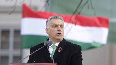 Hungarian Prime Minister Viktor Orban delivers a speech in front of the National Museum during Hungary's National Day celebrations on March 15, 2019 in Budapest, Hungary