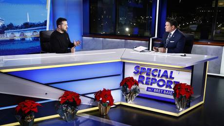 Ukrainian President Vladimir Zelensky (L) visits ‘Special Report’ with Bret Baier at FOX News, on December 12, 2023.