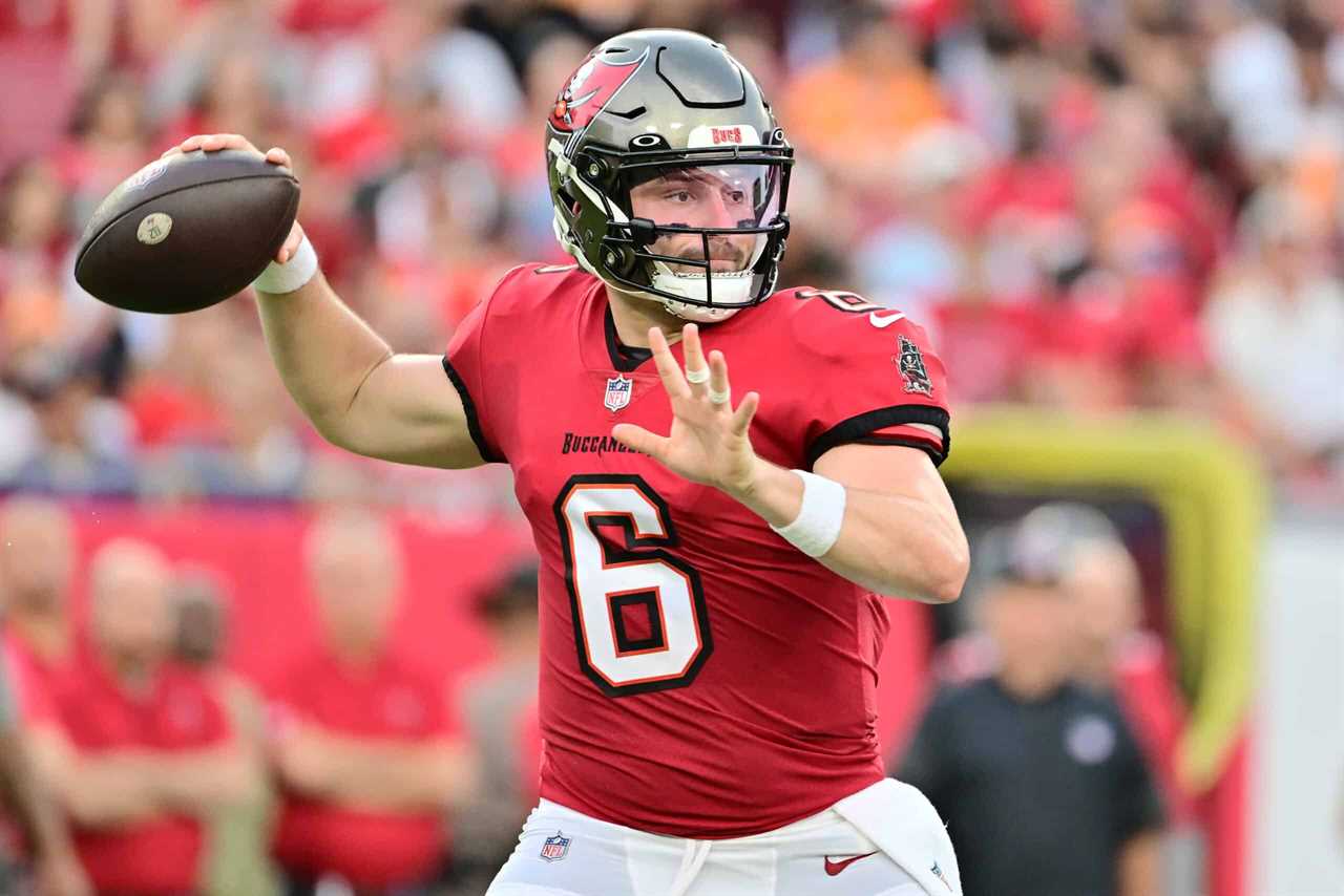 Baker Mayfield #6 of the Tampa Bay Buccaneers looks to throw a pass in the first quarter against the Baltimore Ravens during a preseason game at Raymond James Stadium on August 26, 2023 in Tampa, Florida