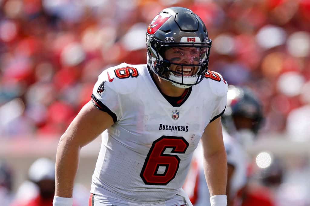 Baker Mayfield #6 of the Tampa Bay Buccaneers reacts after a play during the fourth quarter against the Chicago Bears at Raymond James Stadium on September 17, 2023 in Tampa, Florida.