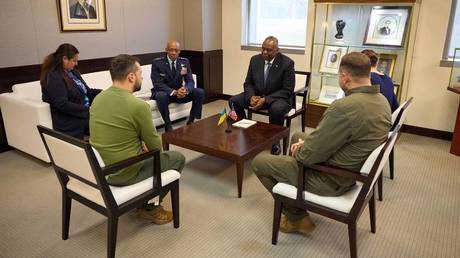 FILE PHOTO: Ukrainian President Vladimir Zelensky meeting US Secretary of Defense Lloyd Austin.