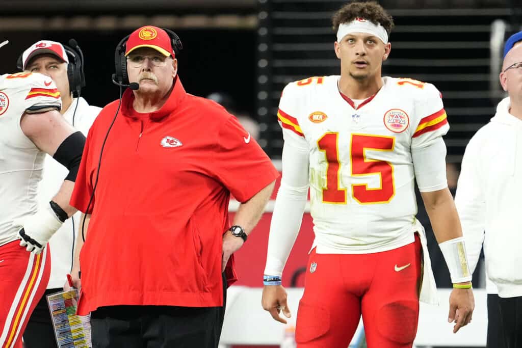 LAS VEGAS, NEVADA - NOVEMBER 26: Head coach Andy Reid and Patrick Mahomes #15 of the Kansas City Chiefs look on during the second quarter of a game against the Las Vegas Raiders at Allegiant Stadium on November 26, 2023 in Las Vegas, Nevada. 