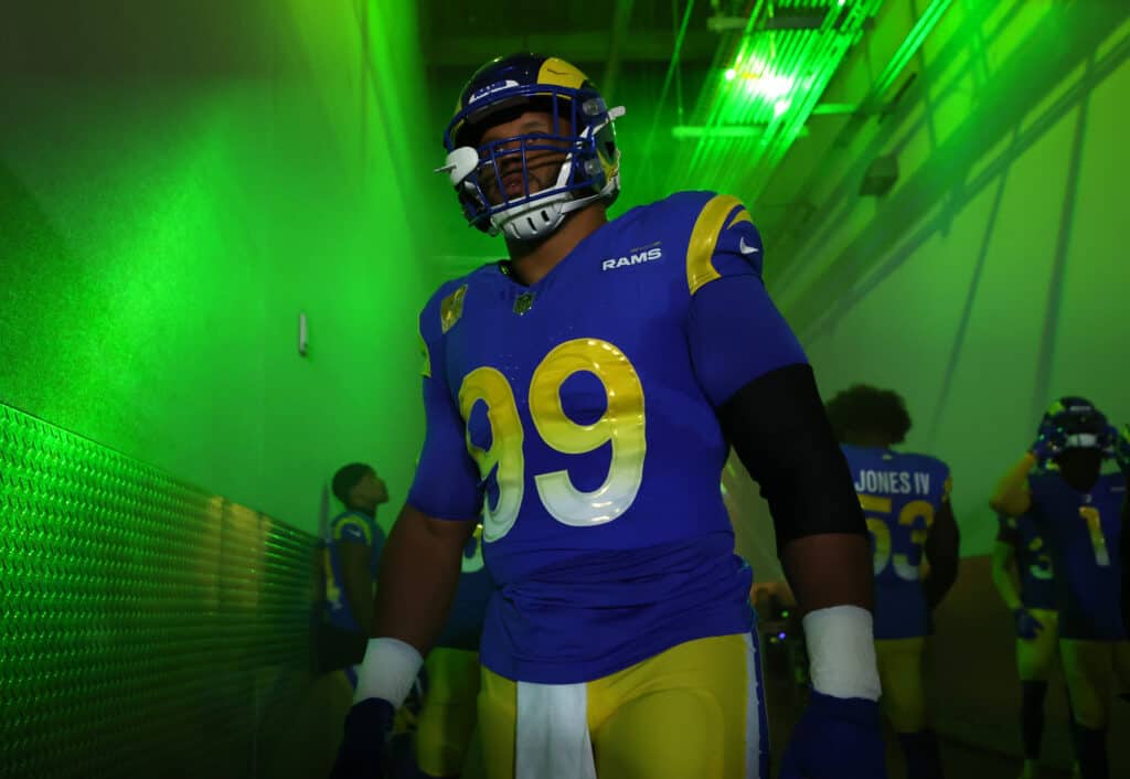 INGLEWOOD, CALIFORNIA - NOVEMBER 19: Aaron Donald #99 of the Los Angeles Rams waits in the tunnel before team introductions  prior to the game against the Seattle Seahawks at SoFi Stadium on November 19, 2023 in Inglewood, California. 