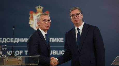 NATO Secretary General Jens Stoltenberg (L) and Serbian President Aleksandar Vucic (R) hold a joint press conference after their meeting in Belgrade, Serbia on November 21, 2023.