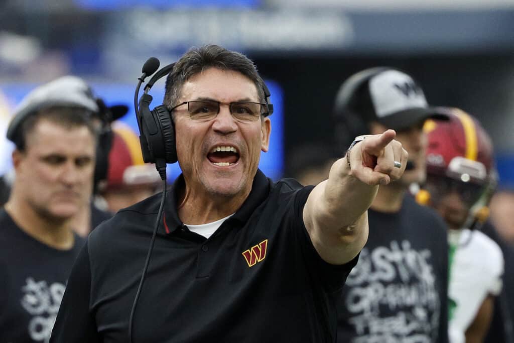 INGLEWOOD, CALIFORNIA - DECEMBER 17: Head coach Ron Rivera of the Washington Commanders reacts during the game against the Los Angeles Rams at SoFi Stadium on December 17, 2023 in Inglewood, California.
