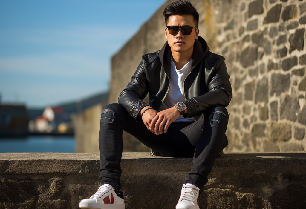 sitting man in leather jacket and white sneakers