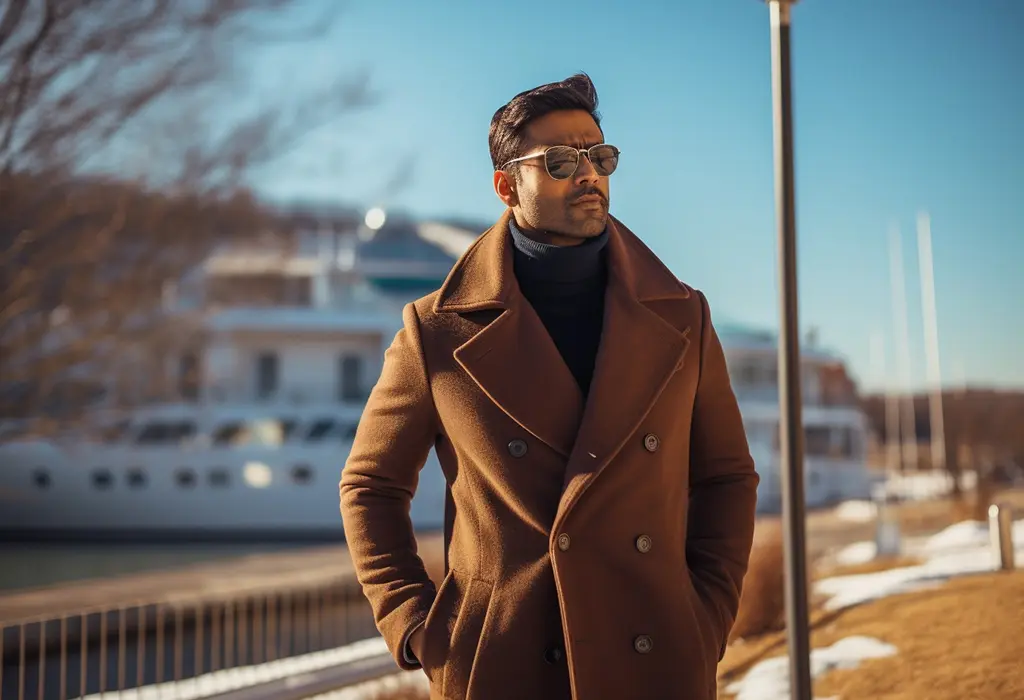 man wearing pea coat with turtleneck sweater