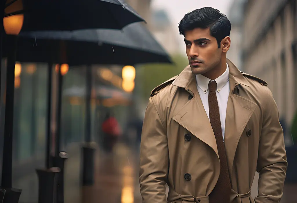 man in coat walking under the rain