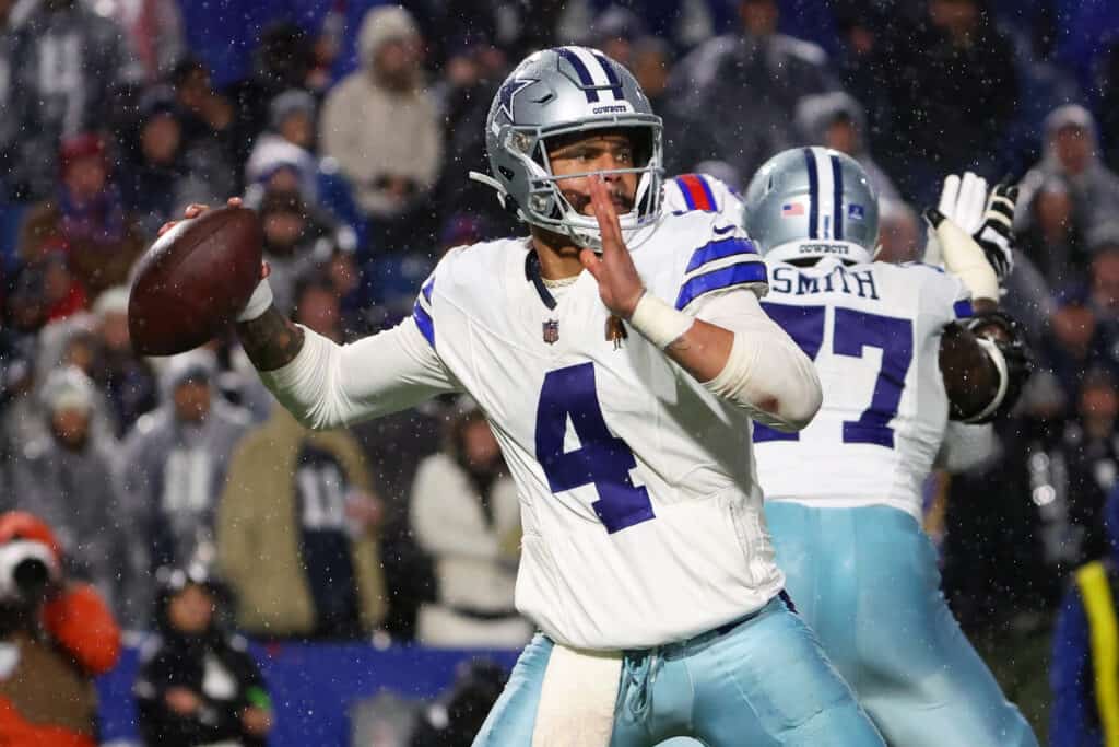 ORCHARD PARK, NEW YORK - DECEMBER 17: Dak Prescott #4 of the Dallas Cowboys attempts a pass during the fourth quarter against the Buffalo Bills at Highmark Stadium on December 17, 2023 in Orchard Park, New York. 