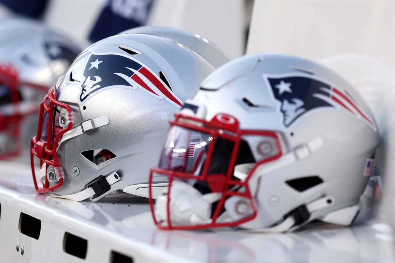 A view of New England Patriots helmets on the bench during the preseason game between the New England Patriots and the Carolina Panthers at Gillette Stadium on August 19, 2022 in Foxborough, Massachusetts.
