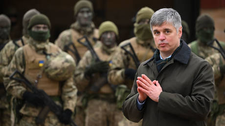 Vadym Prystaiko, then Kiev's ambassador to the UK, speaks to Ukrainian troops at a February event in Salisbury, England.