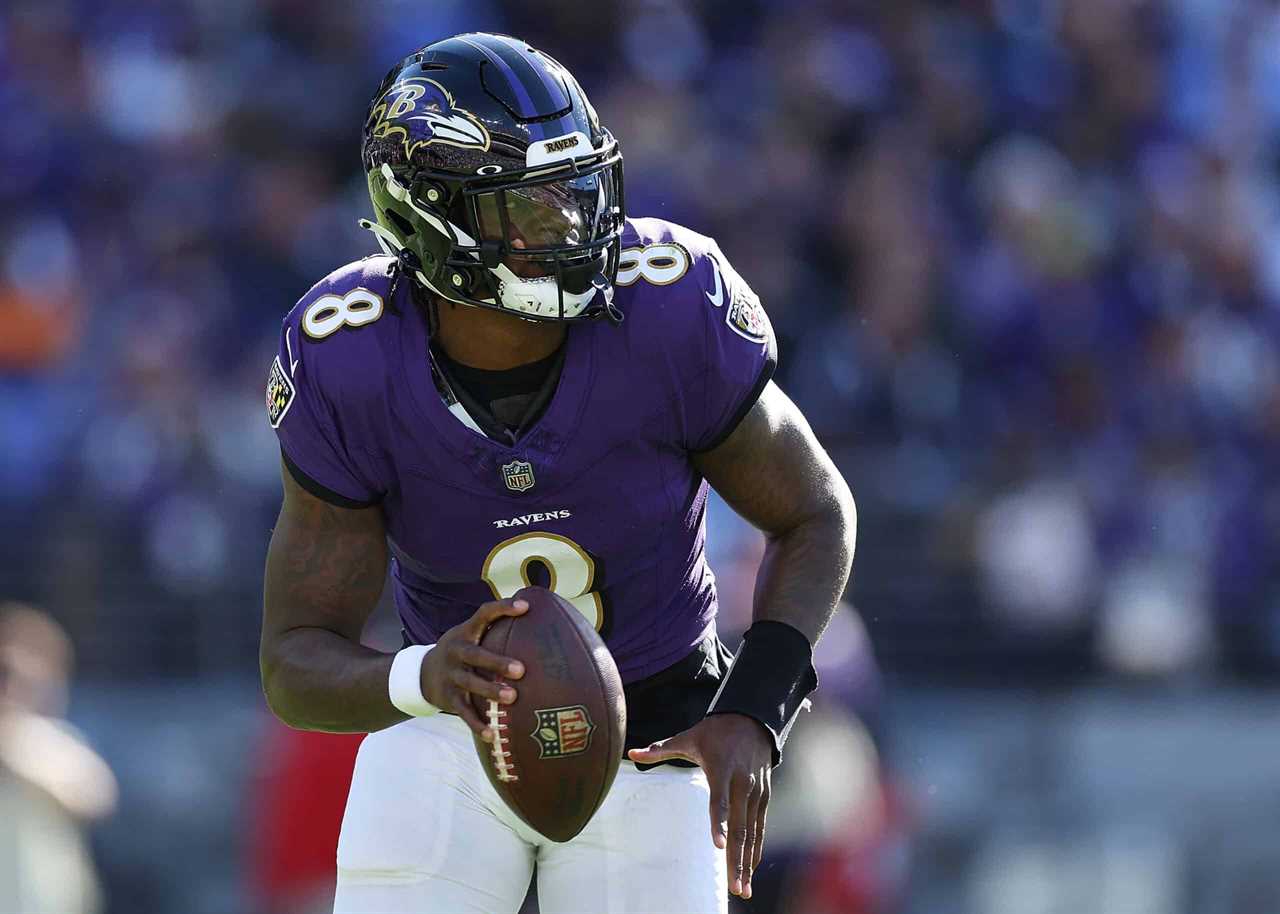 Lamar Jackson #8 of the Baltimore Ravens drops back with the ball in the second half of the game against the Detroit Lions at M&T Bank Stadium on October 22, 2023 in Baltimore, Maryland