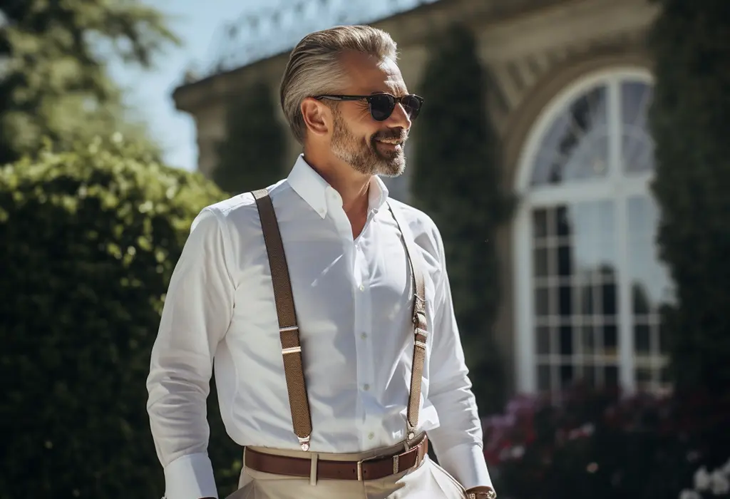 man wearing belt and suspenders