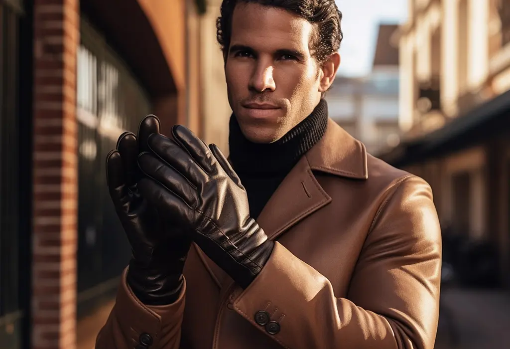 man wearing dress leather gloves with turtleneck sweater