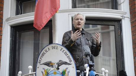 FILE PHOTO: Julian Assange on the balcony of the embassy of Ecuador in London, in 2017.