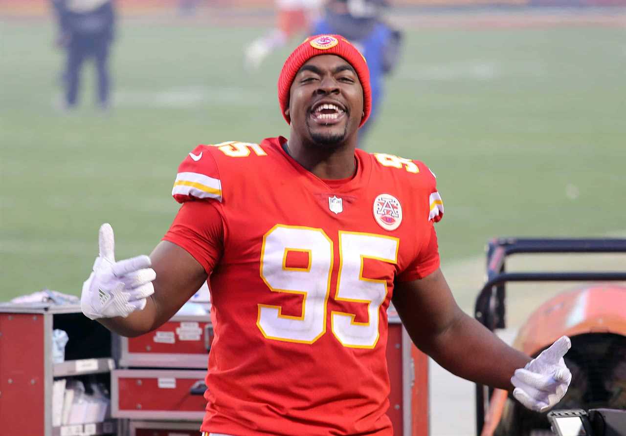 Defensive tackle Chris Jones #95 of the Kansas City Chiefs celebrates after winning the AFC Divisional Playoff game 22-17 over the Cleveland Browns at Arrowhead Stadium on January 17, 2021 in Kansas City, Missouri.