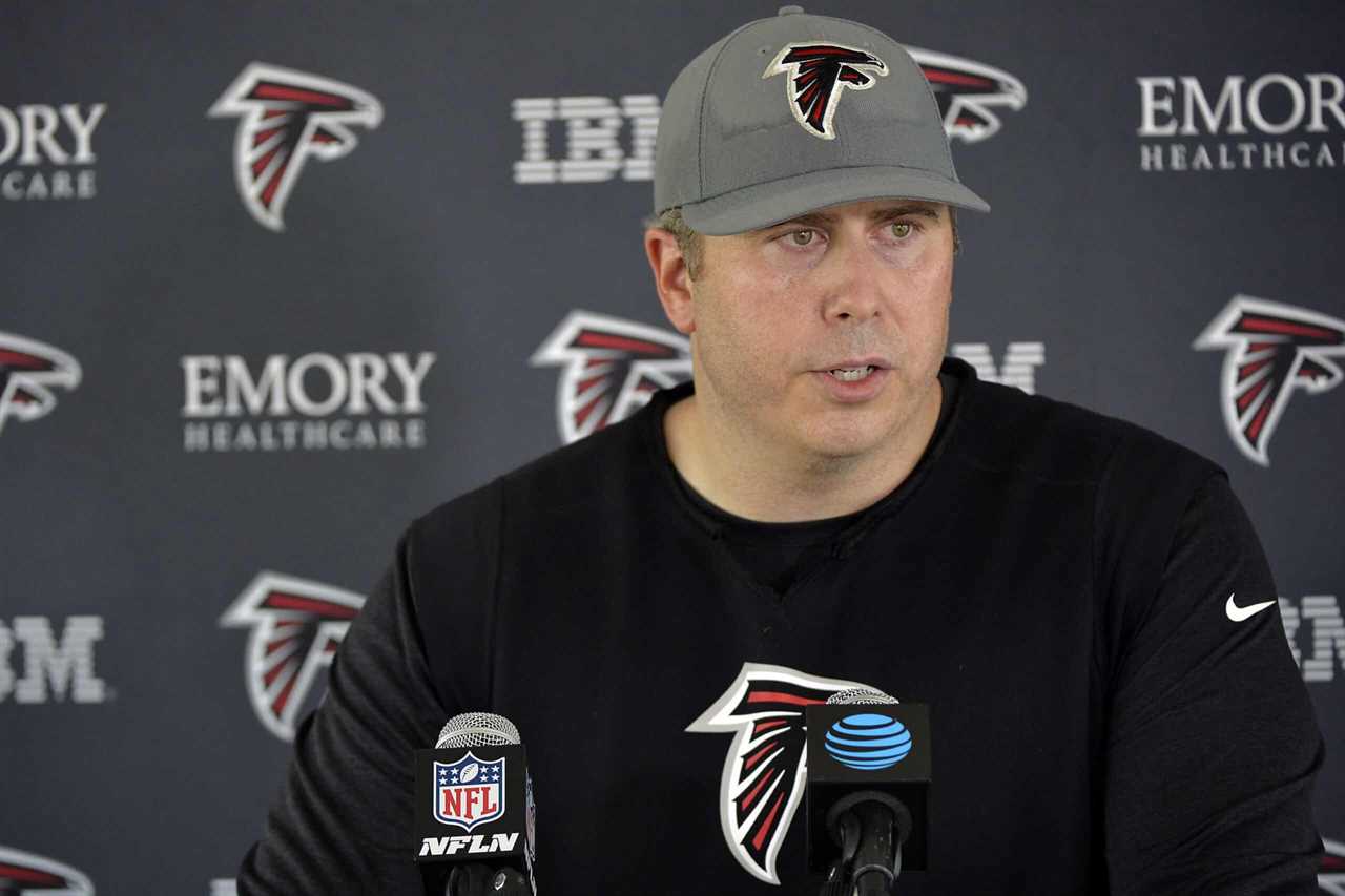 Head Coach Arthur Smith of the Atlanta Falcons talks to reporters during training camp at IBM Performance Field on July 29, 2021 in Flowery Branch, Georgia.