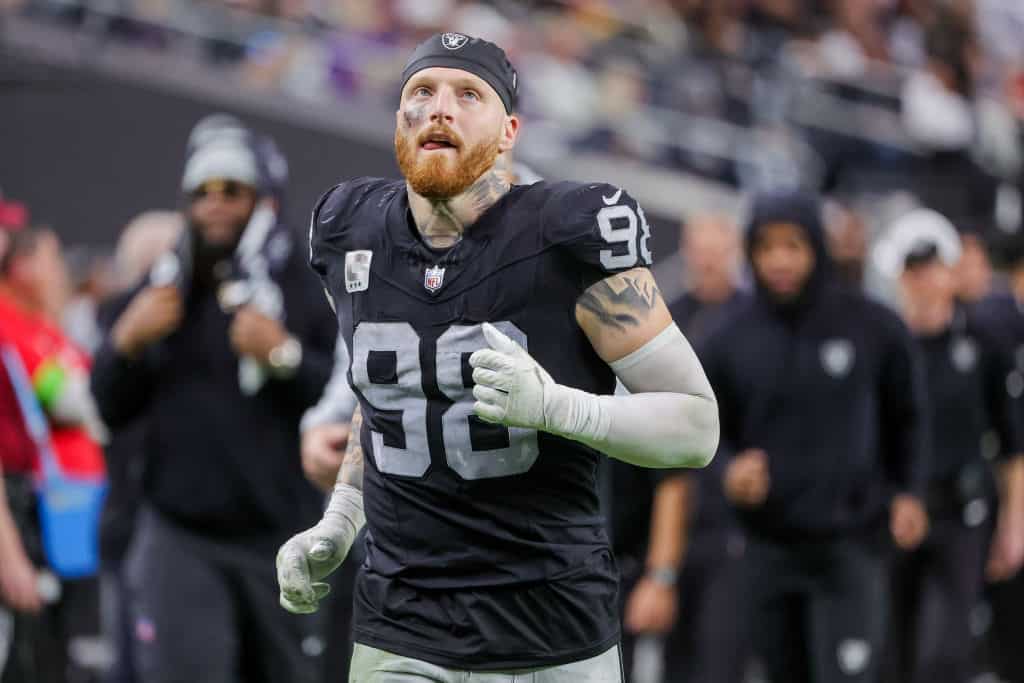 Maxx Crosby #98 of the Las Vegas Raiders leaves the field at halftime of a game against the Minnesota Vikings at Allegiant Stadium on December 10, 2023 in Las Vegas, Nevada. (Photo by Ethan Miller/Getty Images)