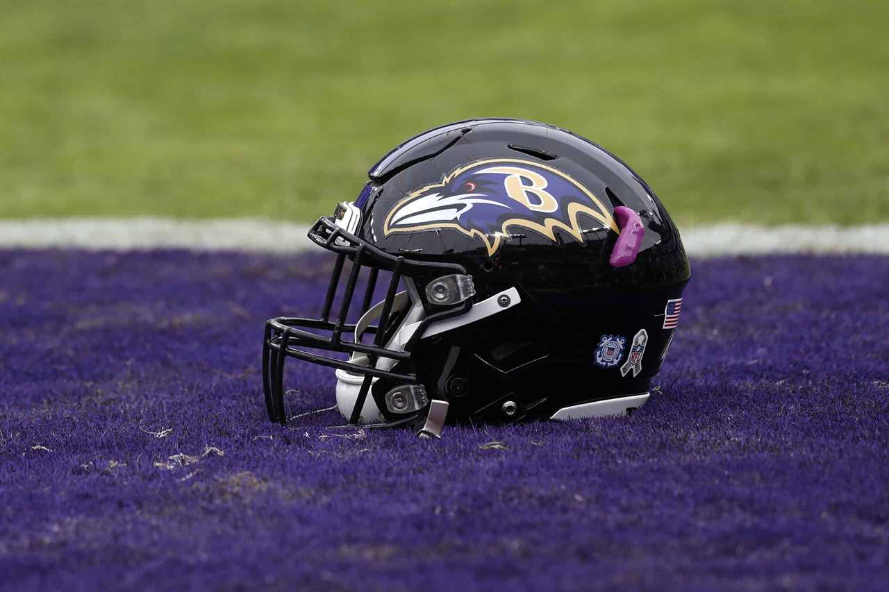 A detailed view of the helmet of the Baltimore Ravens prior to the game between the Houston Texans and the Baltimore Ravens at M&T Bank Stadium on November 17, 2019 in Baltimore, Maryland.
