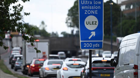 A sign indicating the ultra-low emission zone (ULEZ) near Hanger Lane in west London on July 22, 2023.