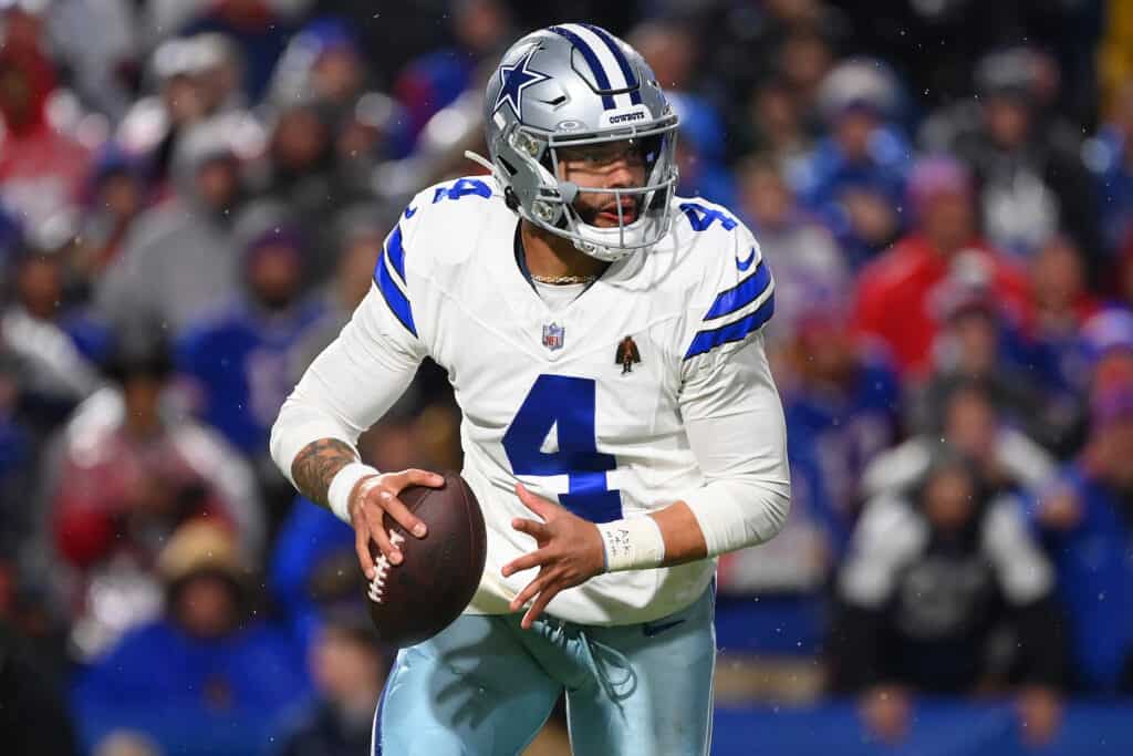 ORCHARD PARK, NEW YORK - DECEMBER 17: Dak Prescott #4 of the Dallas Cowboys attempts a pass during the third quarter against the Buffalo Bills at Highmark Stadium on December 17, 2023 in Orchard Park, New York.