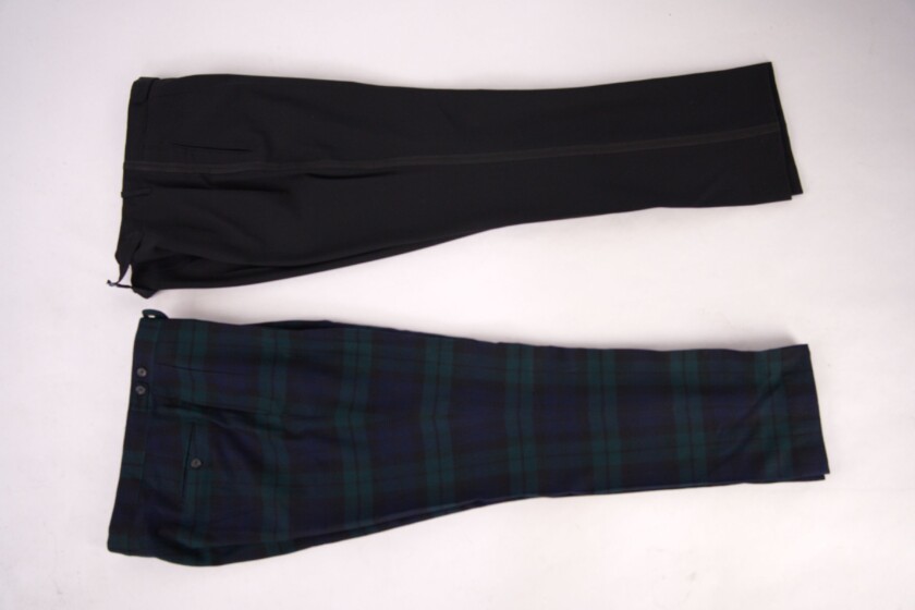 Comparison photo of black and tartan evening trousers