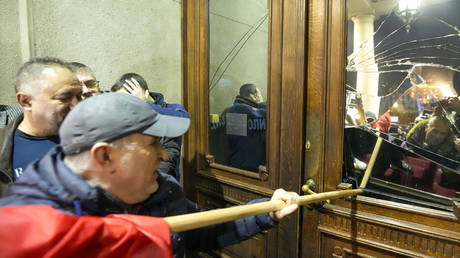 Protesters attempt to break into Serbian capital's city council building, December 24, 2023