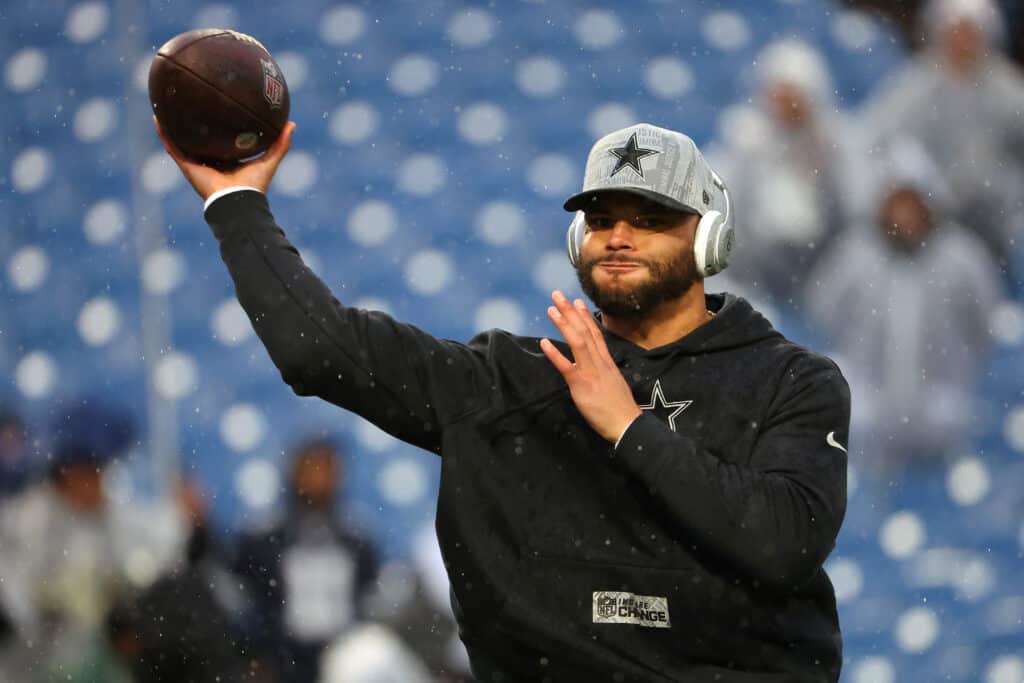 ORCHARD PARK, NEW YORK - DECEMBER 17: Dak Prescott #4 of the Dallas Cowboys warms up prior to a game against the Buffalo Bills at Highmark Stadium on December 17, 2023 in Orchard Park, New York.