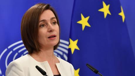 Moldova’s President Maia Sandu speaks at the European Parliament in Brussels.