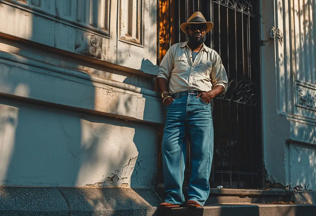 man in wide leg jeans