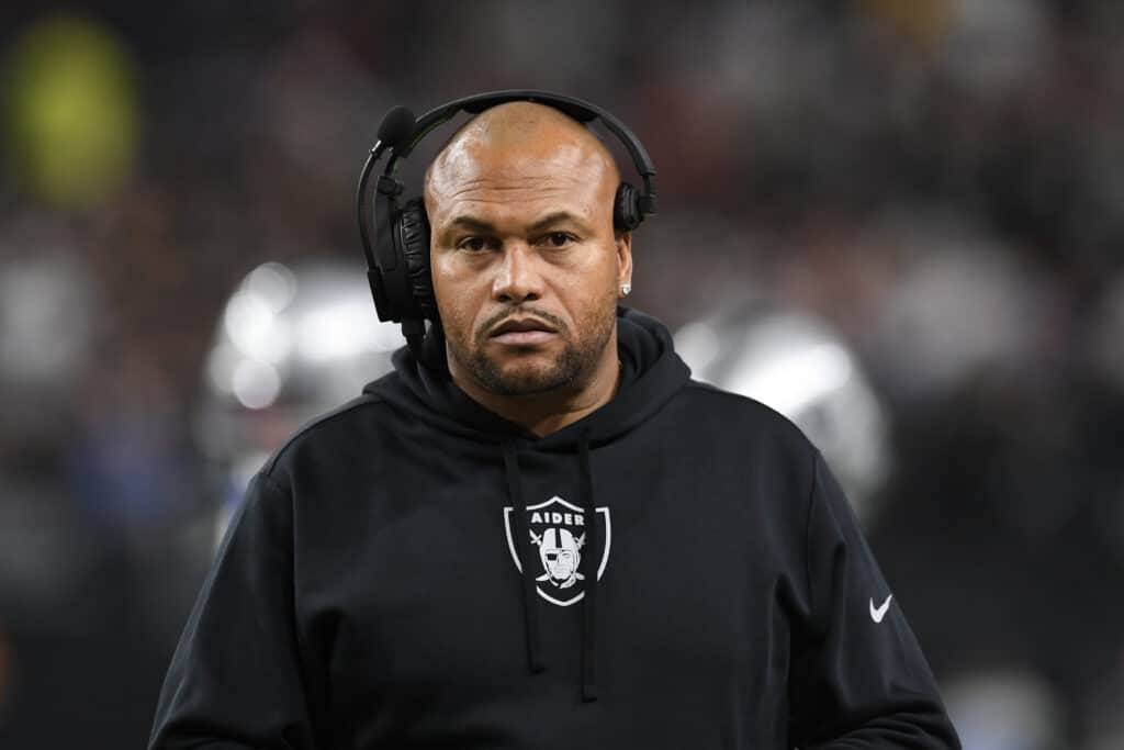 LAS VEGAS, NEVADA - DECEMBER 14: Interim head coach Antonio Pierce of the Las Vegas Raiders reacts against the Los Angeles Chargers during the second quarter at Allegiant Stadium on December 14, 2023 in Las Vegas, Nevada. The Raiders defeated the Chargers 63-21.