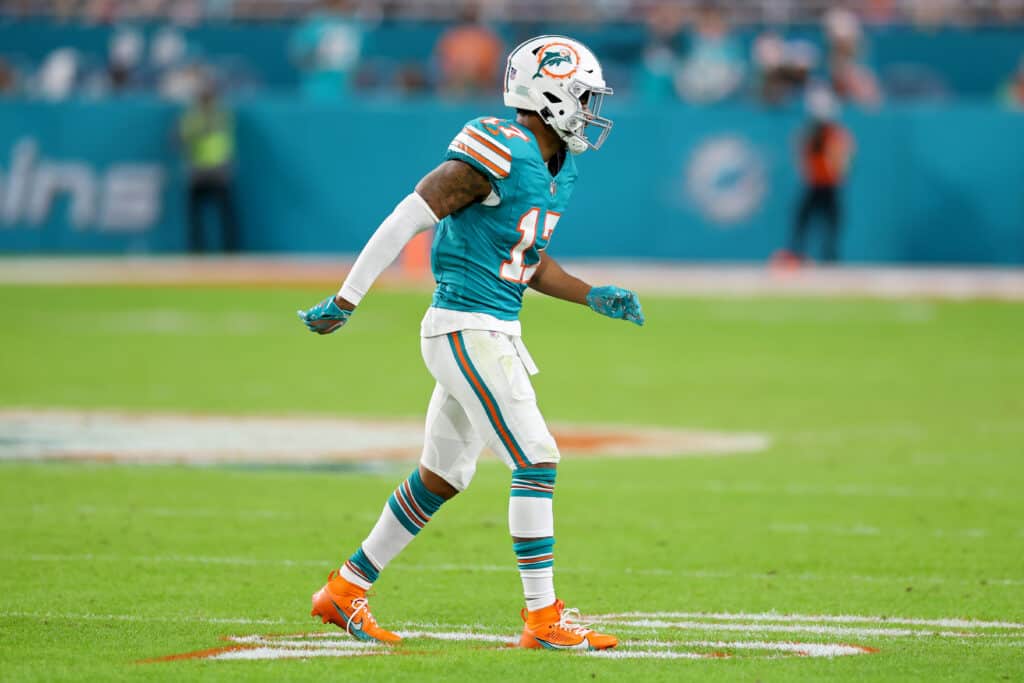 MIAMI GARDENS, FLORIDA - DECEMBER 24: Jaylen Waddle #17 of the Miami Dolphins walks off the field during the third quarter in the game against the Dallas Cowboys at Hard Rock Stadium on December 24, 2023 in Miami Gardens, Florida.